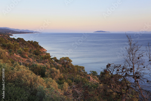Beautiful scenery of the Aegean coast at sunset.