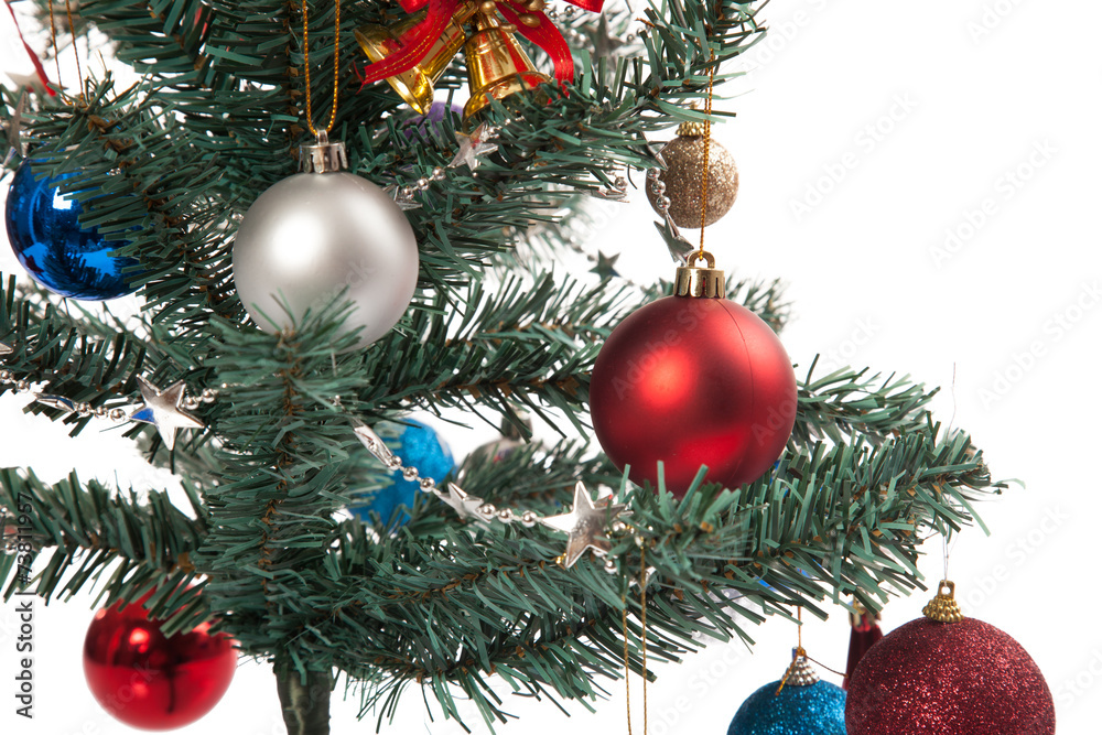 Close up of christmas tree with ornament, bauble, and decoration