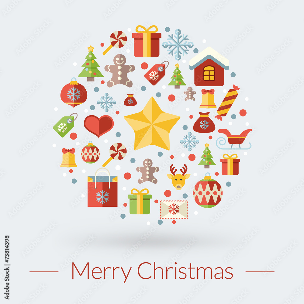 Christmas greeting card, icons and symbols