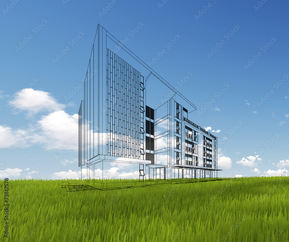 Wireframe Building on green grass and blue sky. Extremely high d