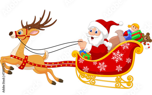 Santa in his Christmas sled being pulled by reindeer