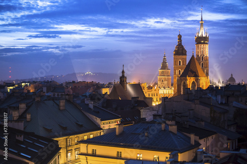 Historic center of Krakow, Poland at night time.