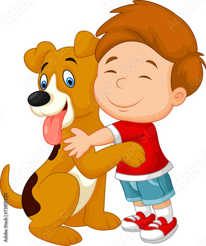 Happy young boy lovingly hugging his pet dog