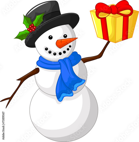 Cute cartoon snowman with gift