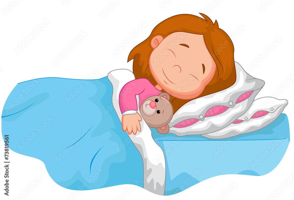 Cartoon girl sleeping with stuffed bear Stock Vector | Adobe Stock