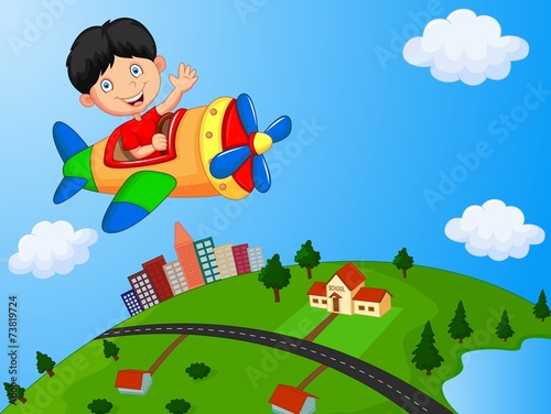 Cartoon boy riding airplane