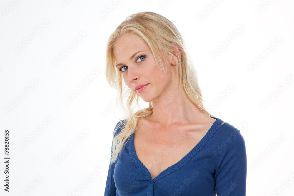 nordic girl in dark blue shirt with head bent at right nordic girl in dark blue shirt with head bent at right