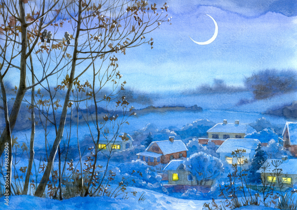 Obraz premium Watercolor landscape. Lighted windows in homes