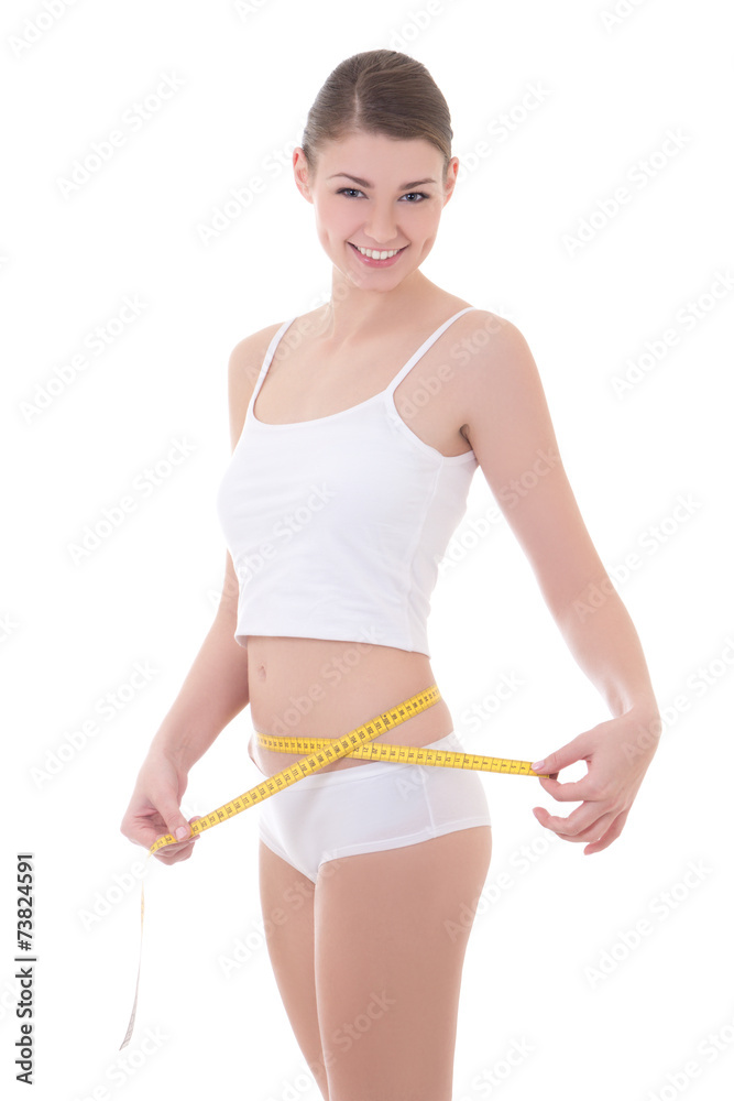 diet concept - smiling woman with beautiful body measuring her w diet concept - smiling woman with beautiful body measuring her w