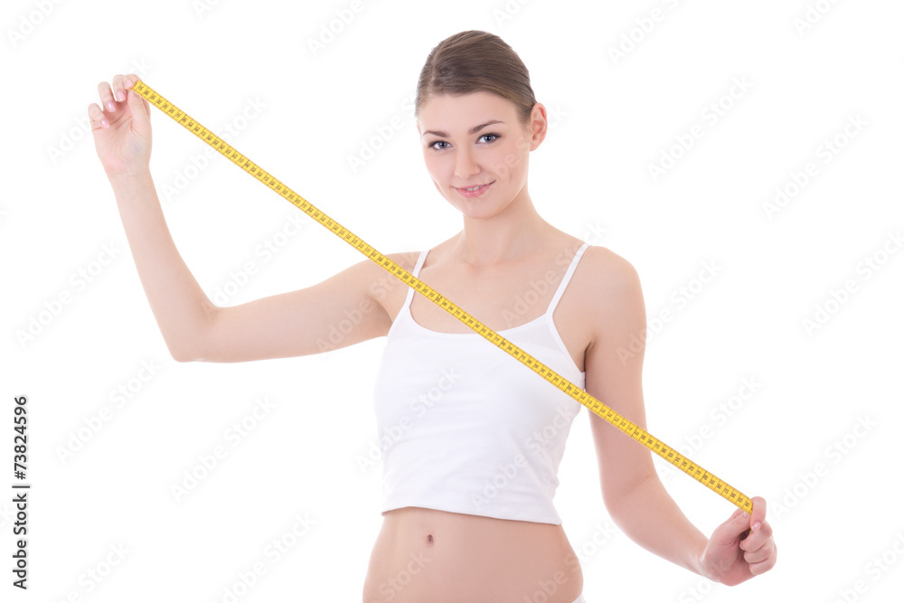 diet concept - smiling woman with beautiful body holding measure diet concept - smiling woman with beautiful body holding measure