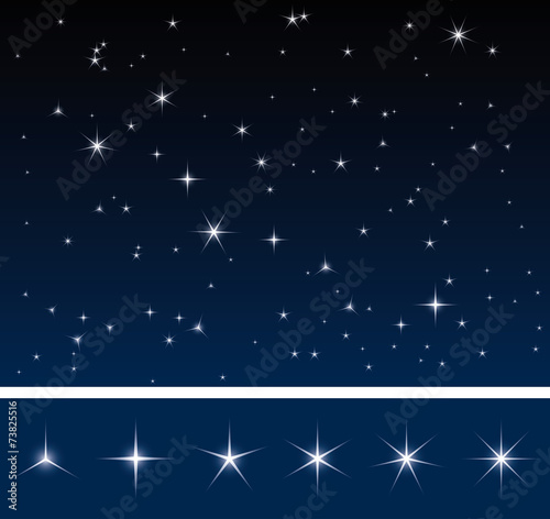 Set of various glittering stars, dark night sky with stars © mdennah