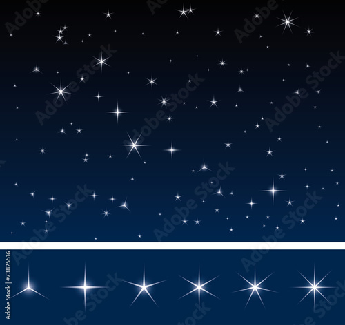 Set of various glittering stars, dark night sky with stars