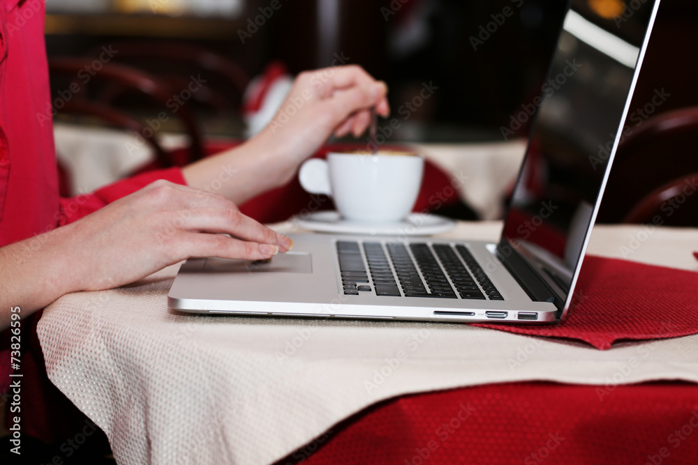 Woman with laptop in cafe shop Woman with laptop in cafe shop