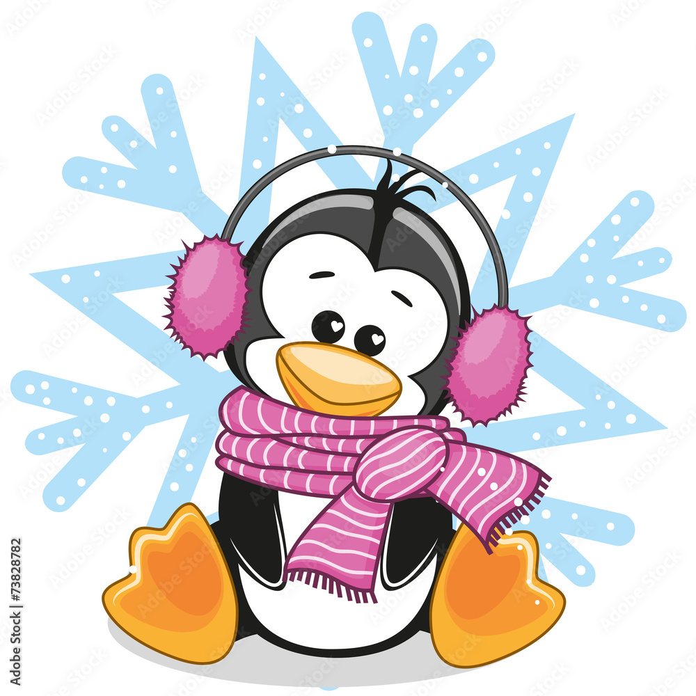 Naklejka premium Penguin in a fur headphones
