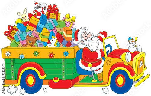 Santa Claus carrying Christmas gifts on his truck
