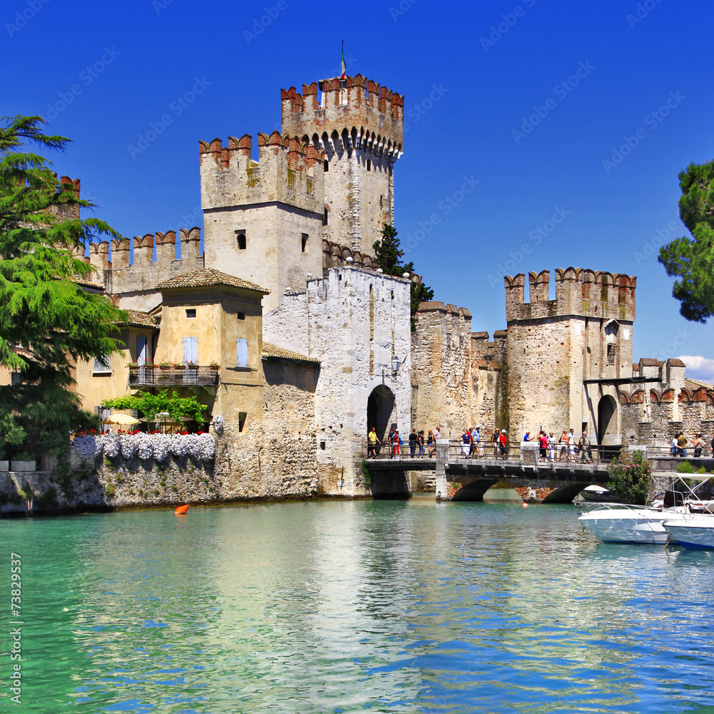 medieval castle Scaliger in old town Sirmione on lake Lago di Ga