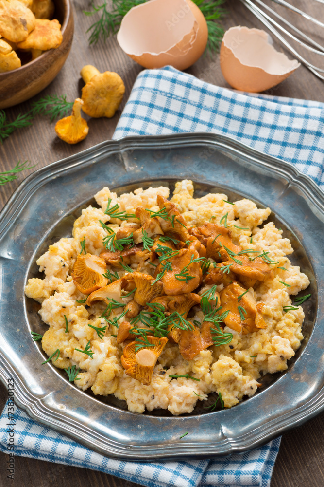 scrambled eggs with chanterelles and fresh dill, top view scrambled eggs with chanterelles and fresh dill, top view