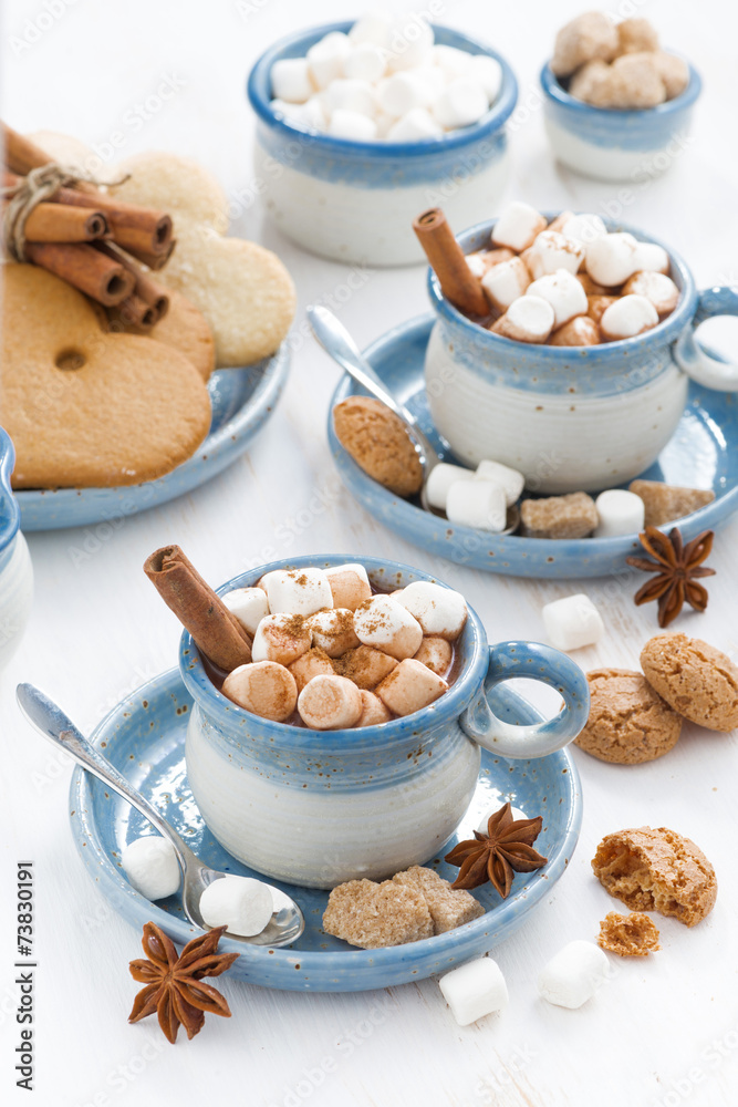 two cups of cocoa with marshmallows and cinnamon, top view two cups of cocoa with marshmallows and cinnamon, top view