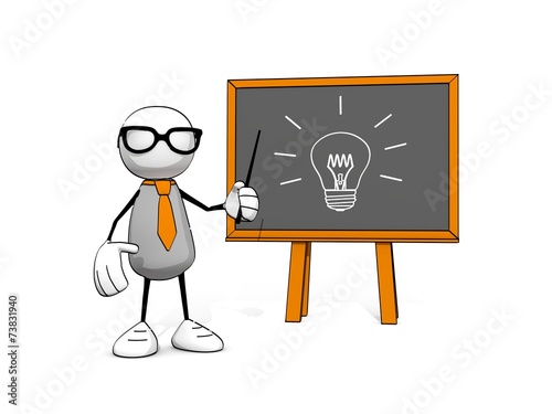 little sketchy man with glasses presents idea with blackboard