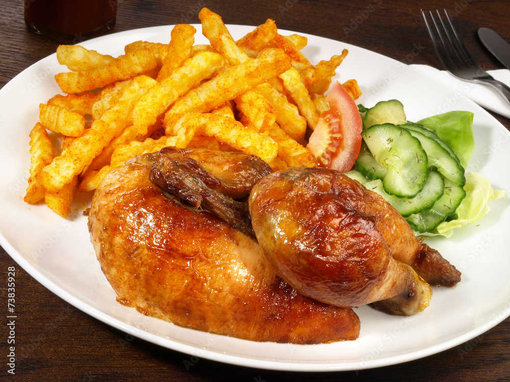 Halbes Hähnchen mit Pommes Frites StockFoto Adobe Stock Halbes Hähnchen mit Pommes Frites StockFoto Adobe Stock