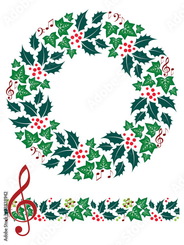 Christmas Music Wreath and Seamless Border. Isolated.
