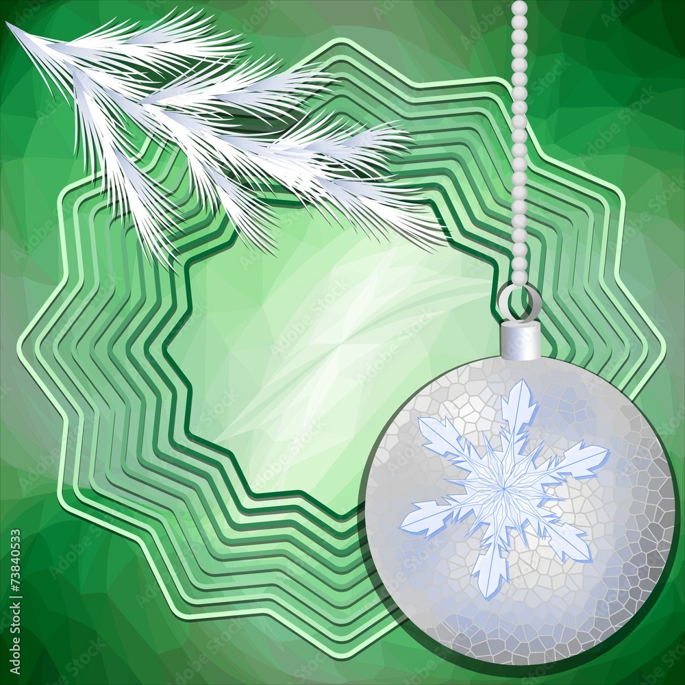Green christmas background with silver ball and frosted branch