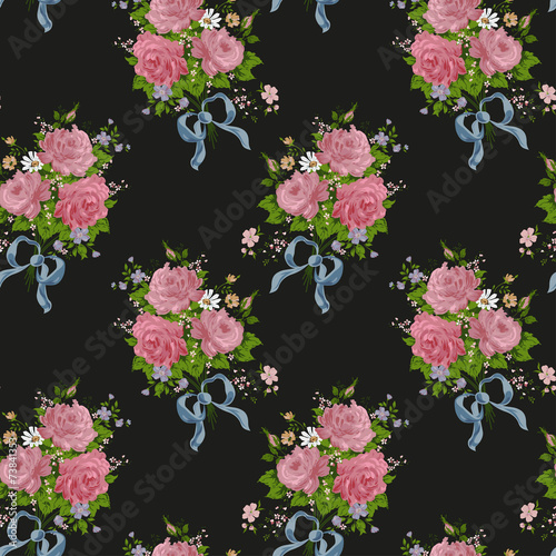 Roses Seamless Pattern. Black floral background