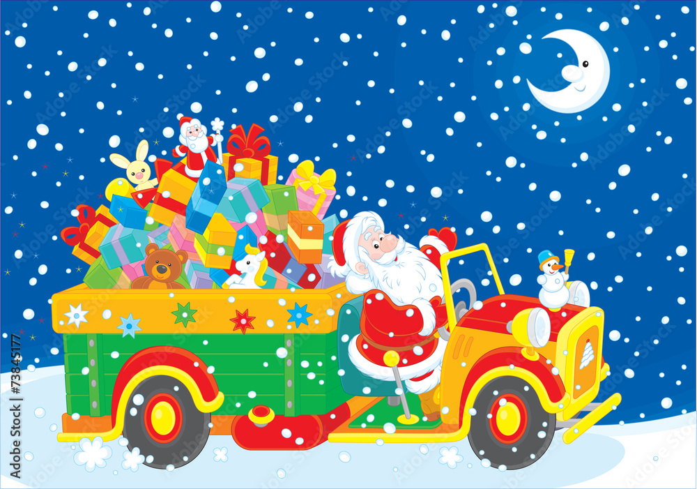 Santa Claus with Christmas gifts on his truck Santa Claus with Christmas gifts on his truck
