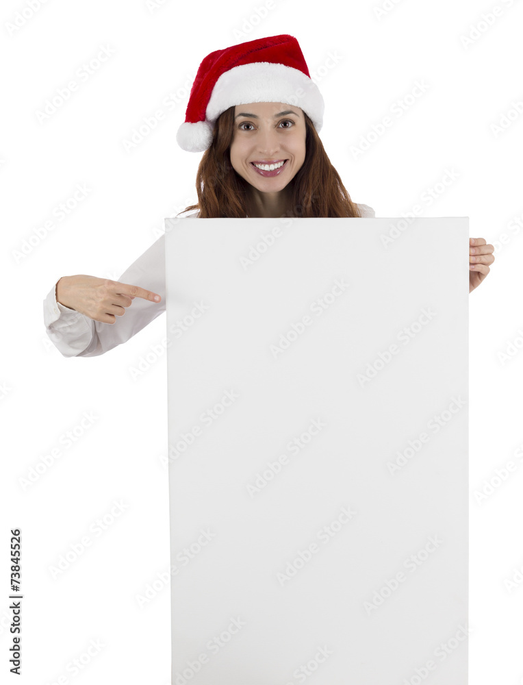 Christmas business woman pointing to copy space Christmas business woman pointing to copy space
