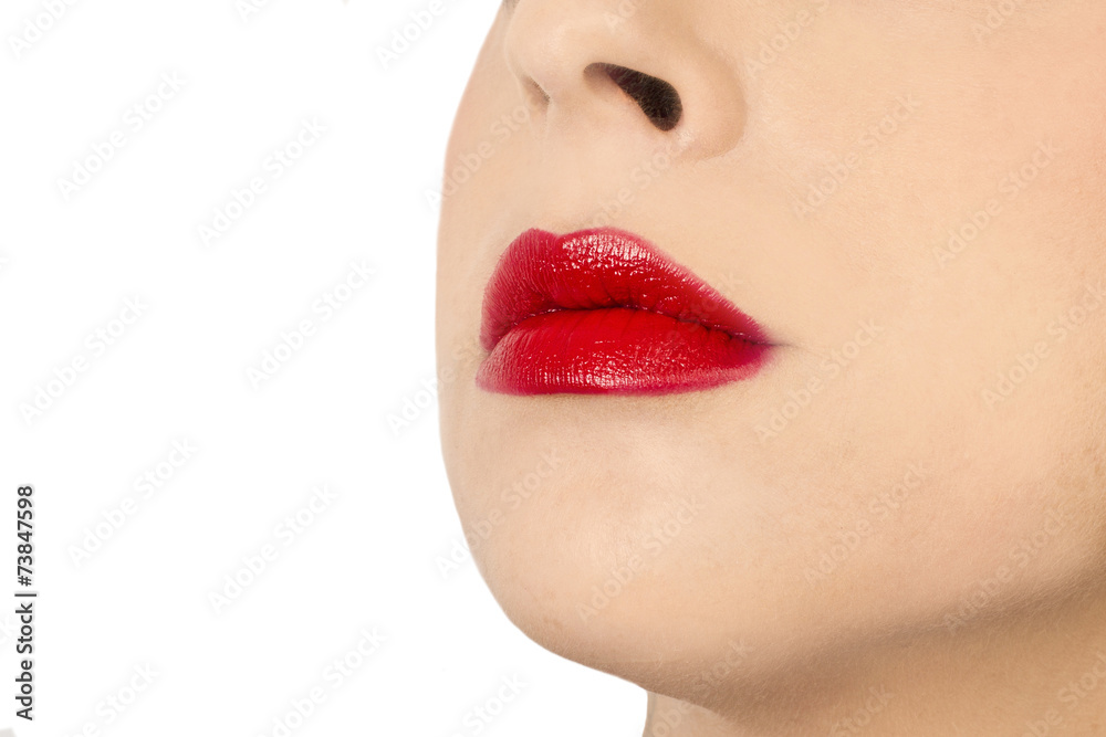 Rostro de mujer con labios pintados de color rojo. Vista de frente. Copy  space foto de Stock | Adobe Stock