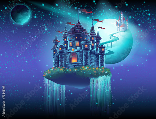 Illustration space castle with a waterfall on the background of