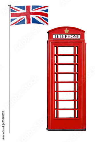 Britische Rote Telefonzelle und Natioanlflagge, Isoliert