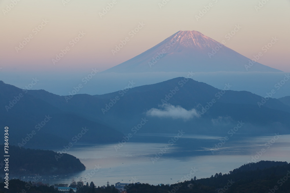 Mountain Fuji and Lake ashi in sunset time