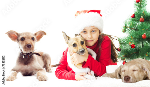lovely kid in Santa hat with red puppy