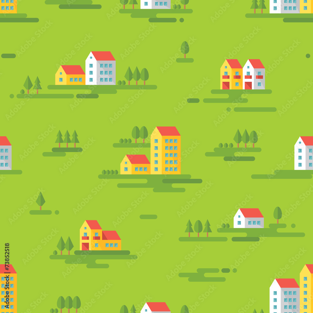 Landscape with buildings background seamless pattern