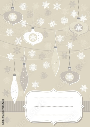 bombki i gwiazdki beżowa pionowa kartka świąteczna z ramką