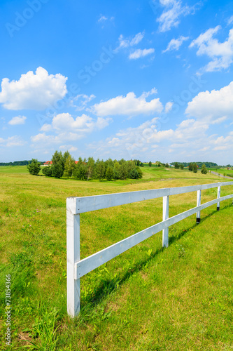 White fence on green field on sunny summer day, Poland