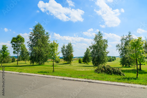 Countryside road along green fields in summer landscape, Poland