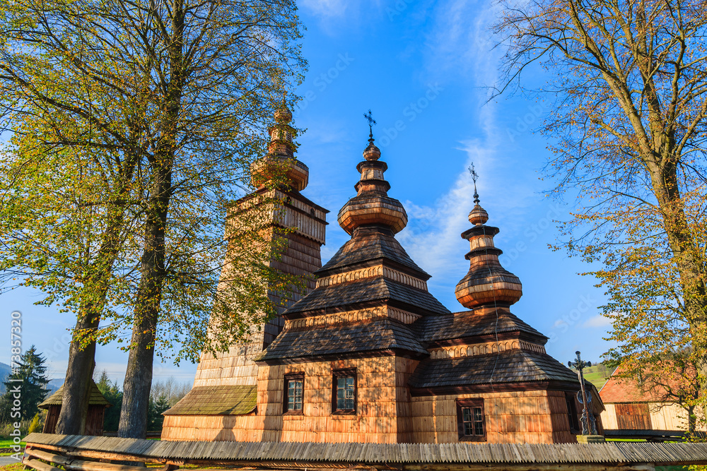 Fototapeta premium Wooden church in Kwiaton village, Beskid Niski Mountains, Poland