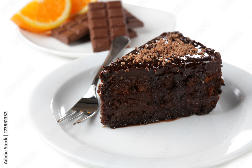 Yummy chocolate cake served on table