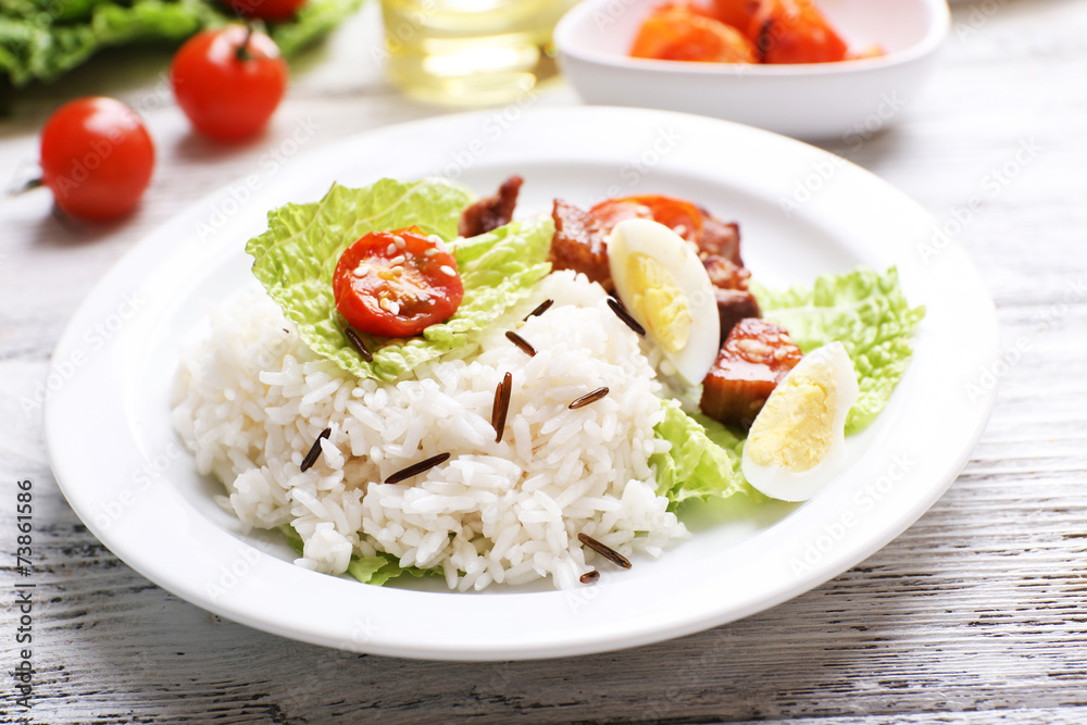 Boiled rice served on table, close-up Boiled rice served on table, close-up