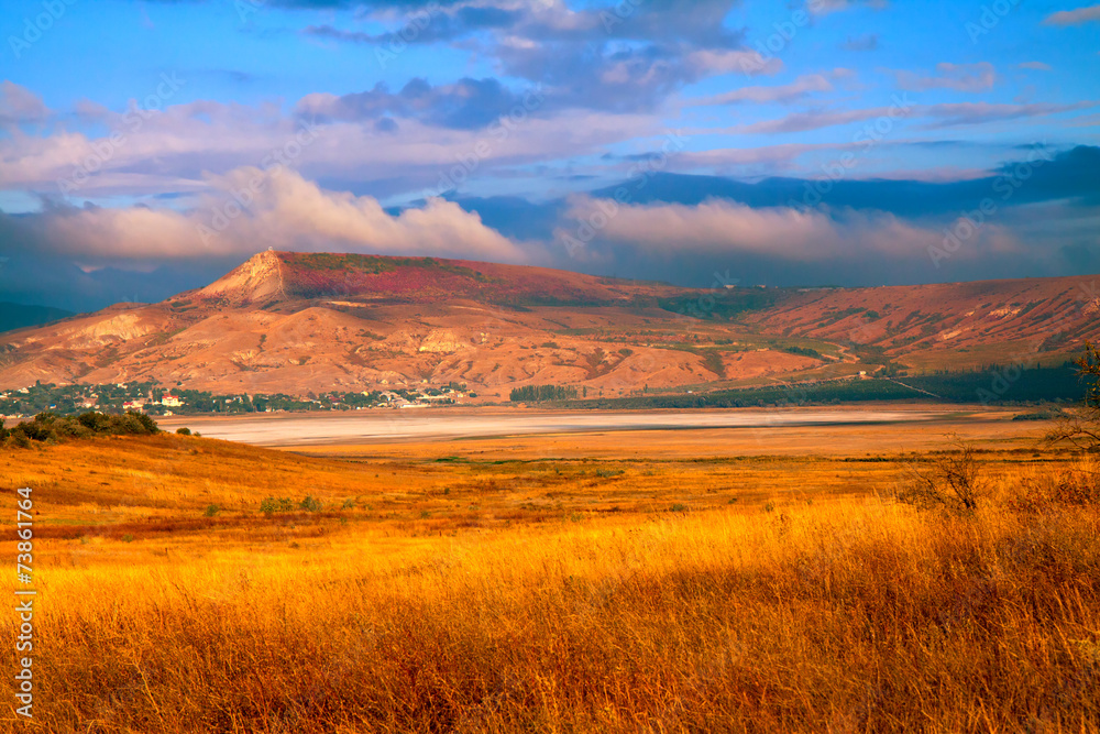 Steppe and salt lake on a background of mountains in Crimea