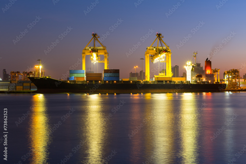 Gantry crane loading and unloading cargo container  from cargo ship at port to show global international logistics and transportation by cargo ship and cargo container, Logistic import export concept.