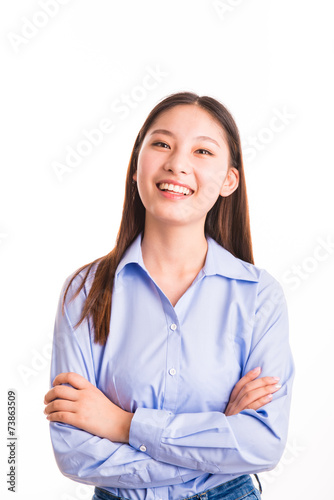 Young business woman standing isolated on white