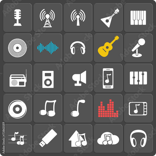 Set of 25 music web and mobile icons. Vector.