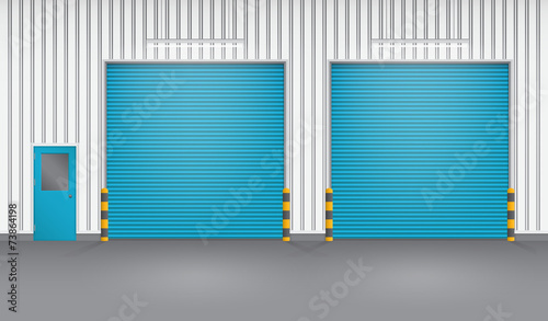 Storefront or shopfront is a facade or commercial building. Exterior with door and floor or entryway for retail shop or store. Protection with security shutter or roller door. Vector illustration.