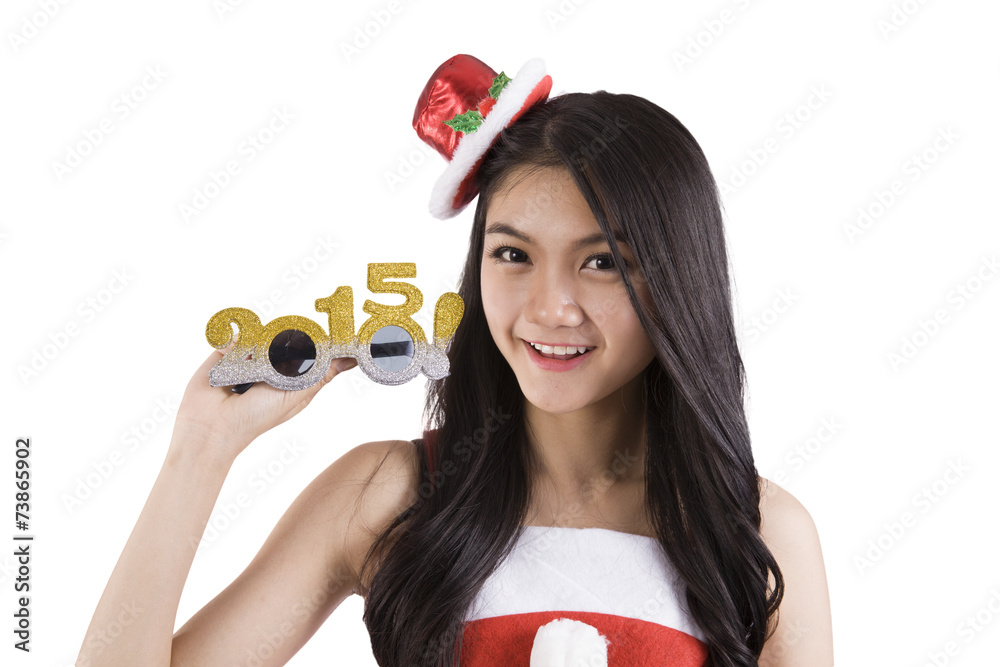 2015 Newyear celebration glasses presented by Asian woman wering