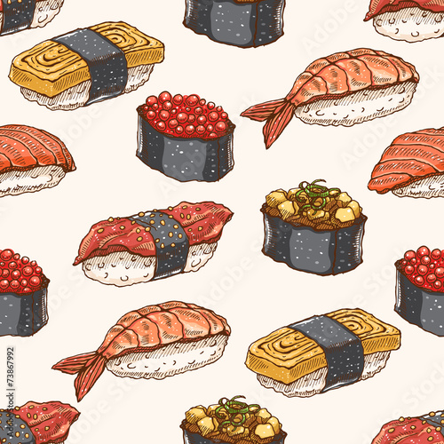 seamless background with hand-drawn sushi
