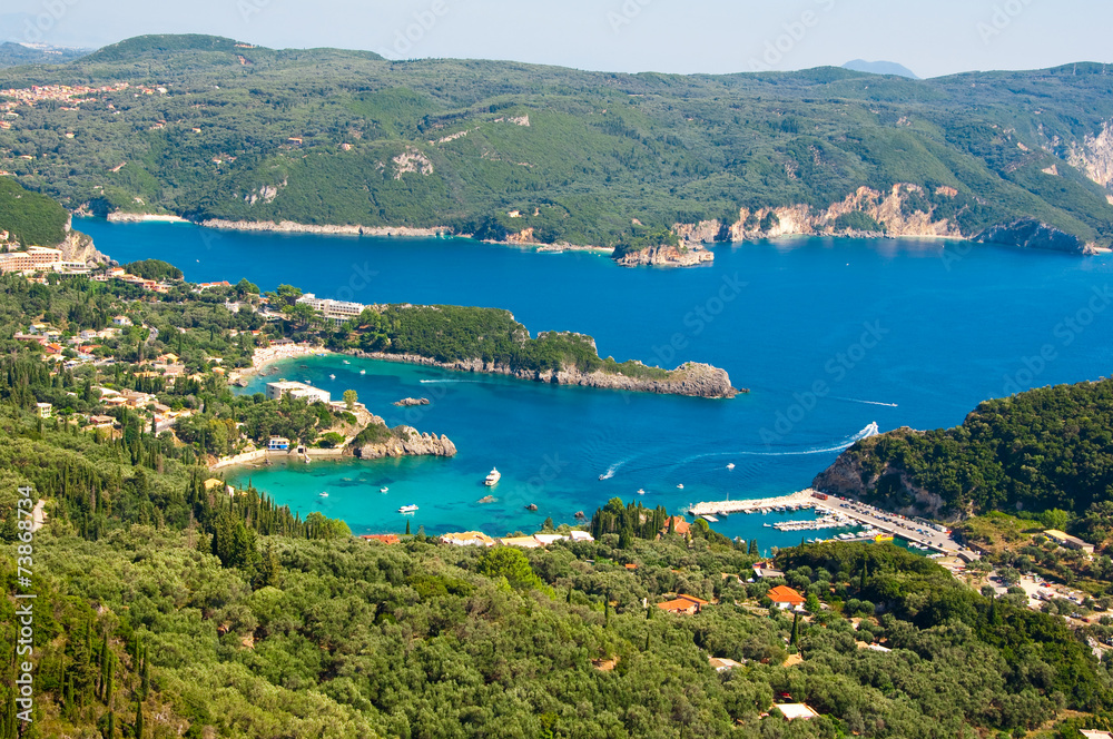 Panoramic view of Palaiokastritsa beaches. Corfu, Greece.