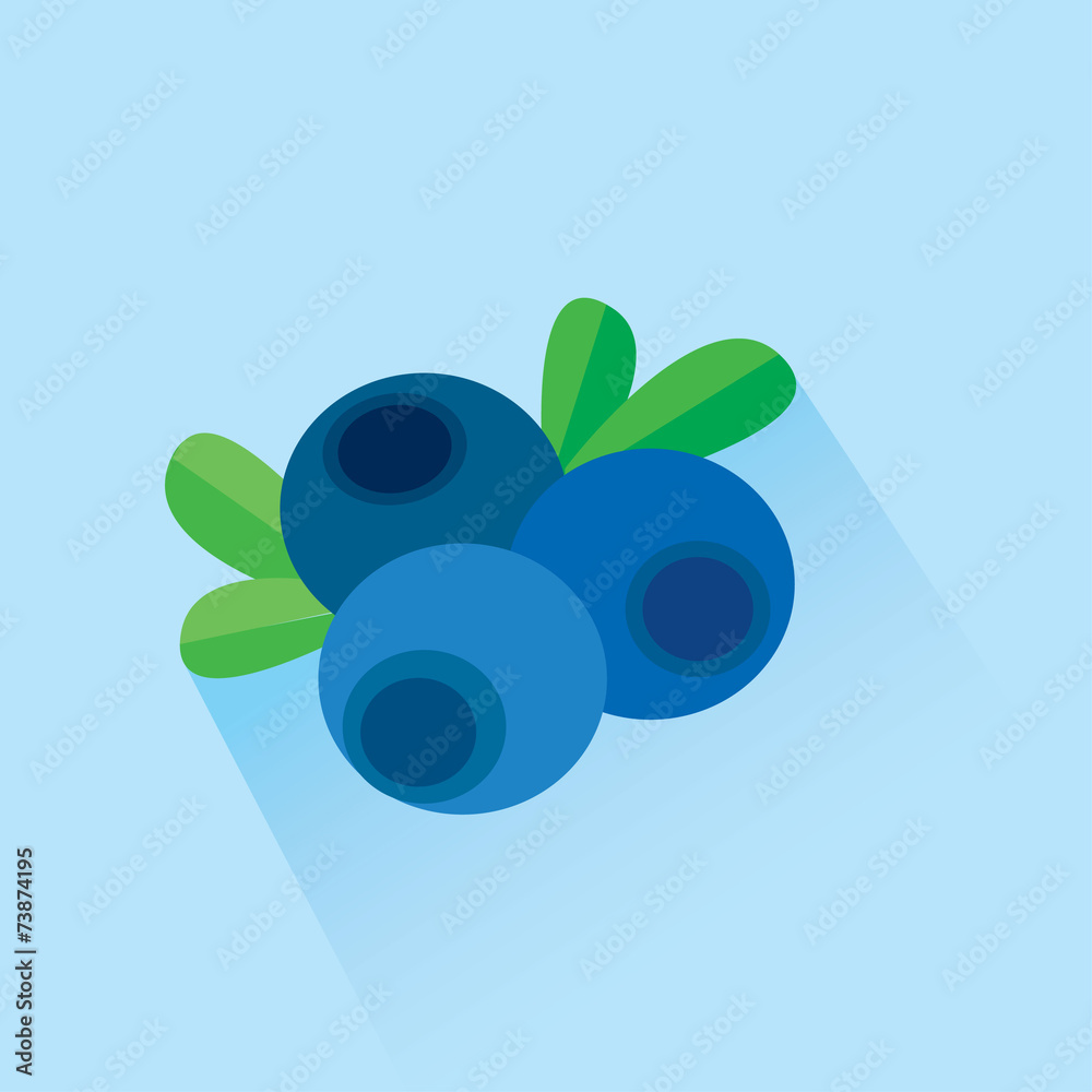 Three blueberries with leaves on light blue background